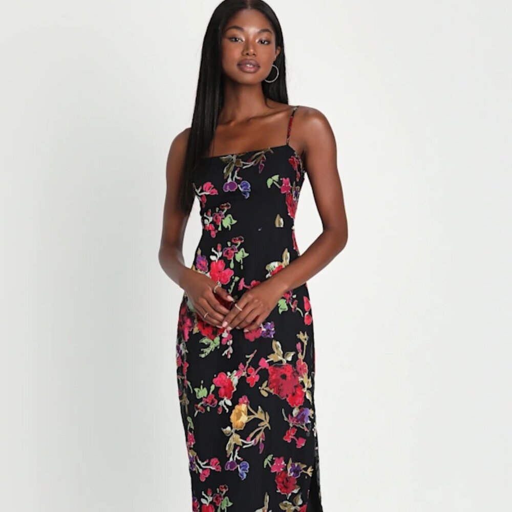 Lulus Black Floral Burnout Sleeveless Midi Cocktail Dress Medium Date Night NEW - Picture 2 of 12
